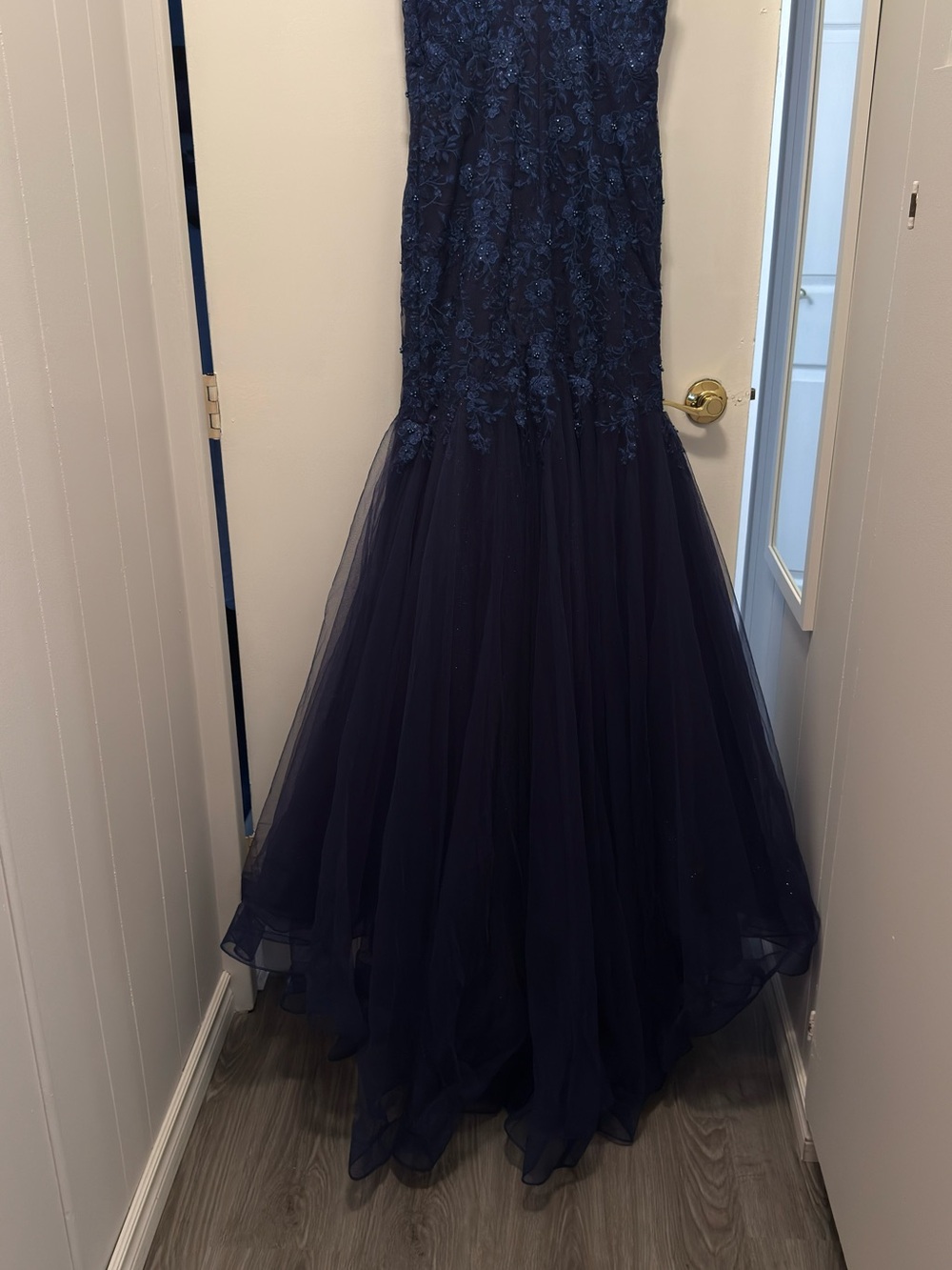 JVN by Jovani Navy Blue Lace & Tulle Mermaid Gown - Picture 5 of 5